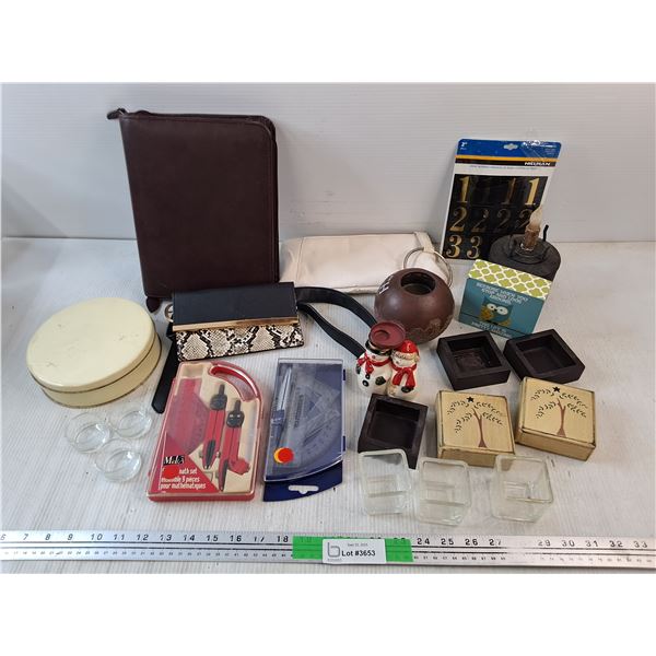 Various Bags, Math Tool Set, Various Tea Candle Holders, Mylar Numbers, Misc