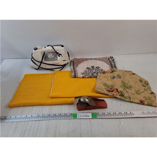 Hamilton Beach Electric Iron - Powers On, As Is, Table Cloth Mats, Vintage Small Wood Plane