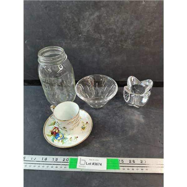 Ceramic Tea Cup & Coaster, Crystal Tea Candle Holder, Glass Jar & Bowl