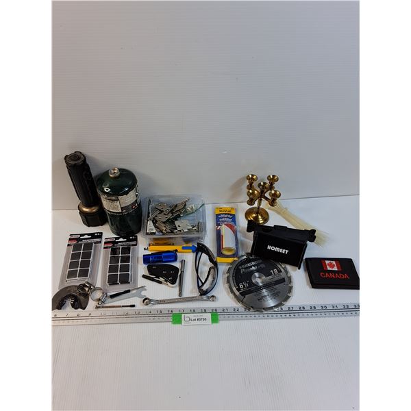 Lot: Cabinet Hinges, Flashlight, Torch Tank (CANNOT SHIP), Saw Blade, Canada Wallet, Misc
