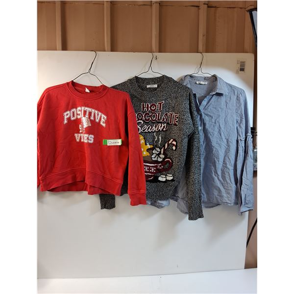 (3) Girls Sweaters (Size 10-12, XS): Postive Vibes, Hot Chocolate, Pinstrip Gingham Style