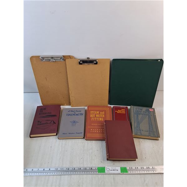 (2) Clip Boards, File Folder, Various Books - Websters Dictionary , New Practical Physics
