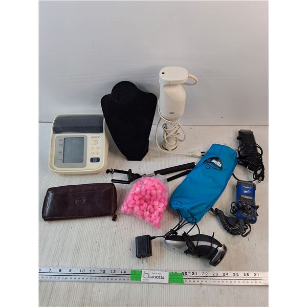Omron Blood Pressure Monitor, Hair Trimmers, Telescopic Phone Holder, Braun Food Processor, Wallet
