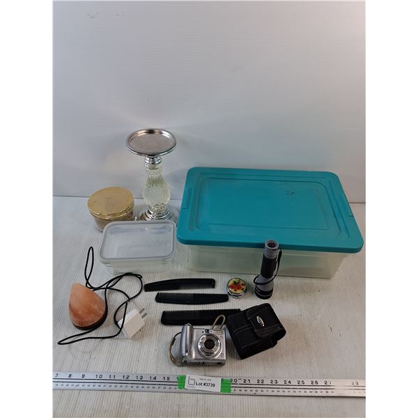 Salt Lamp, Flashlight, Canon PowerShot A560 Camera - As Is, Hair Brushes, Plastic Container Misc