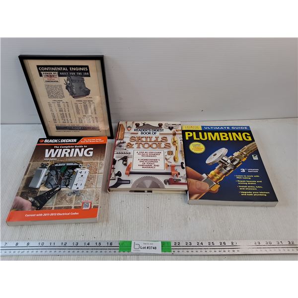 (3) Books - Guide to Plumbing, Wiring, Skills & Tools, Framed Continental Engines Poster