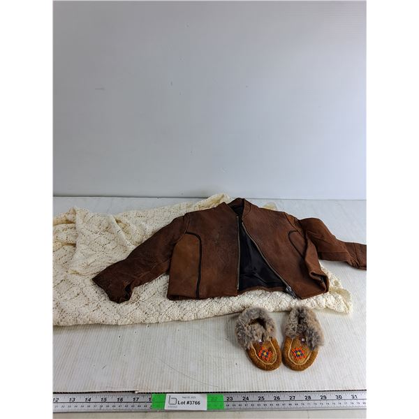 Kids Faux Leather Jacket - Size 2-3Y, Table Cloth - 60' x "70", Child's Mocassins - 4.5" Sole