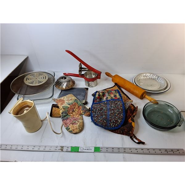 Vintage Kitchen Lot- Pyrex Containers, Rolling Pin, Oven Mitts, Misc. As Is-Has Smell