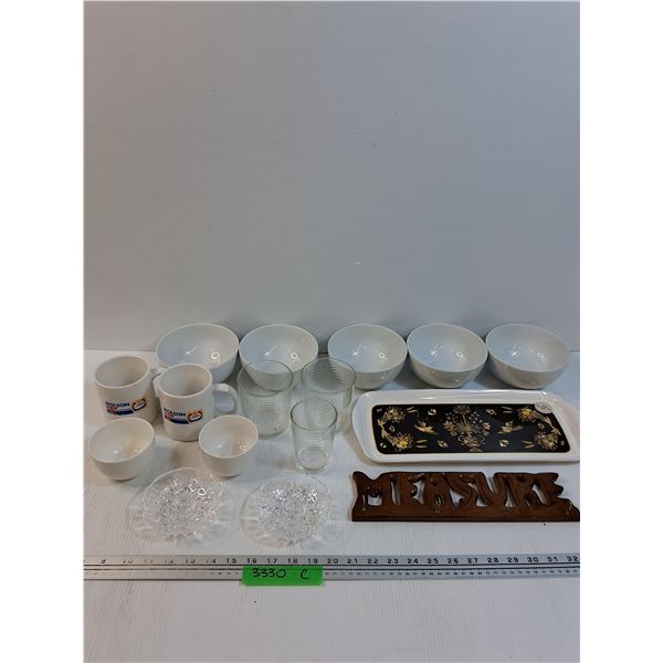 Lot: Mugs, Bowls, Measuring Cup Holder, Candle Holders, Misc