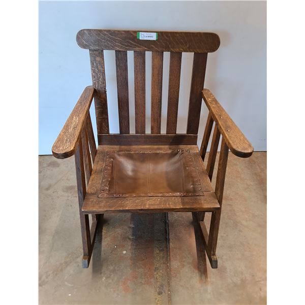 * Vintage Wooden Rocking Chair with Leather Seat Patch - 24x29x32" - Left Arm Loose - Pickup Only