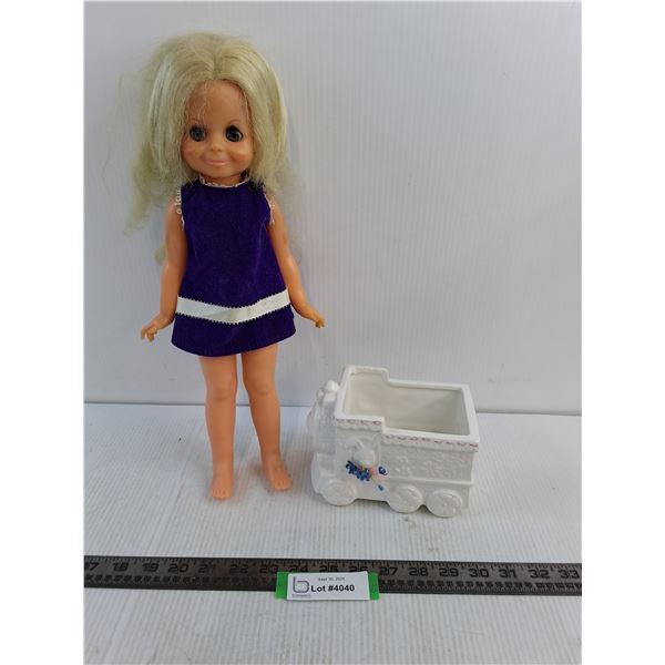 Vintage 1970's Velvet Doll (with Hair That Grows), Vintage Musical Ceramic Easter Train Vase