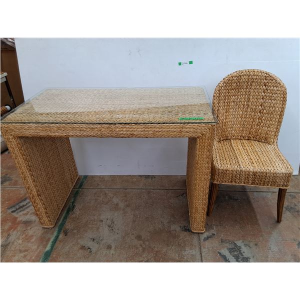 *Wicker Chair 37  Tall & Desk with Glass Top, Cannot Ship