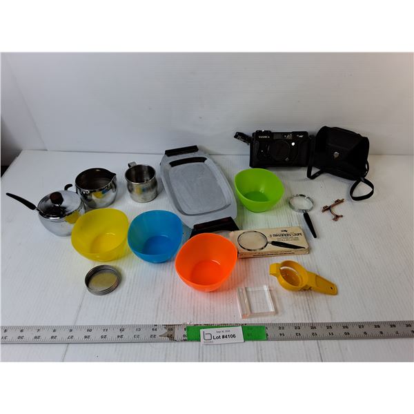 Vintage Yashica Camera & Case, Magnifying Glass, Stainless Steel Tea Set, Misc.