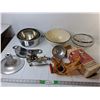 Vintage Kitchen Lot- Meat Chopper, Glass Bowls, Aluminum Baking Set