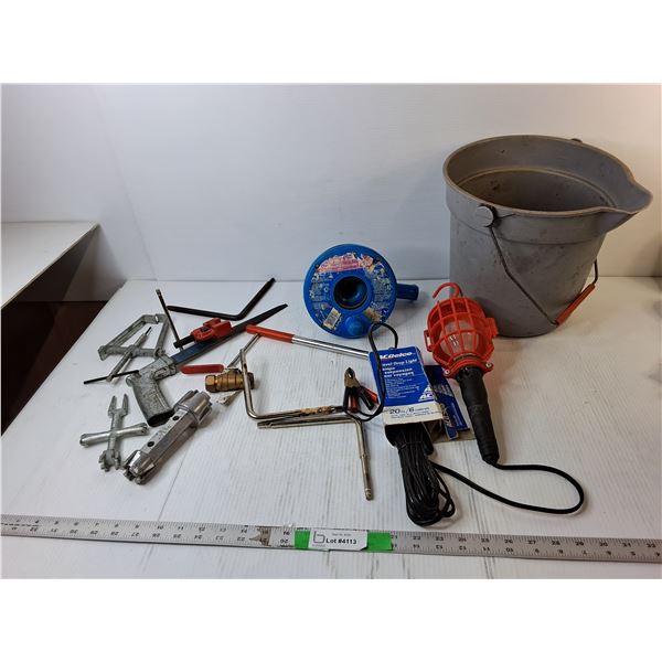 Travel Drop Light, Drain Snake, Pail- Has Holes, Misc.