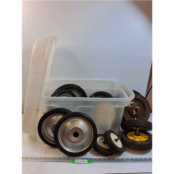 ** (12) Solid Rubber Wheels - Various Sizes, in Storage Tote - CANNOT SHIP