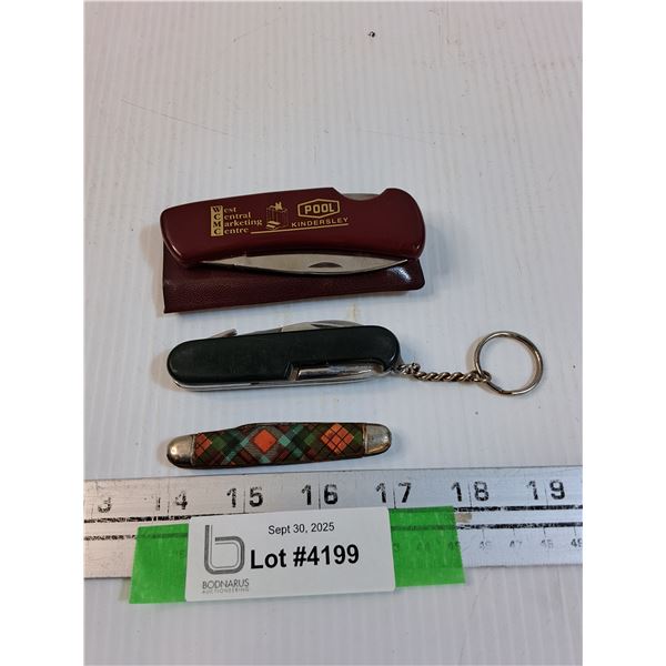 (3) Folding Knives: Kindersley Pool, Plaid, Green Swiss Army Style Knife