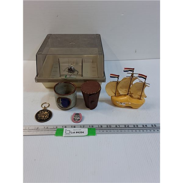 Holland Dutch Shoe Boat, Keychain, Horseshoe Pin, Leather Mixing Cups Set, Vintage PC Disc Holder, M