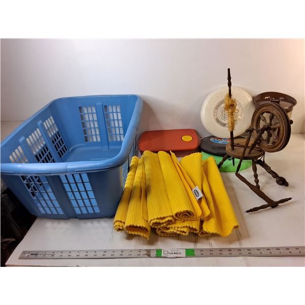 Laundry Basket, (3) Frisbees, (24) Cloth Placemats, Misc. - PICK UP ONLY