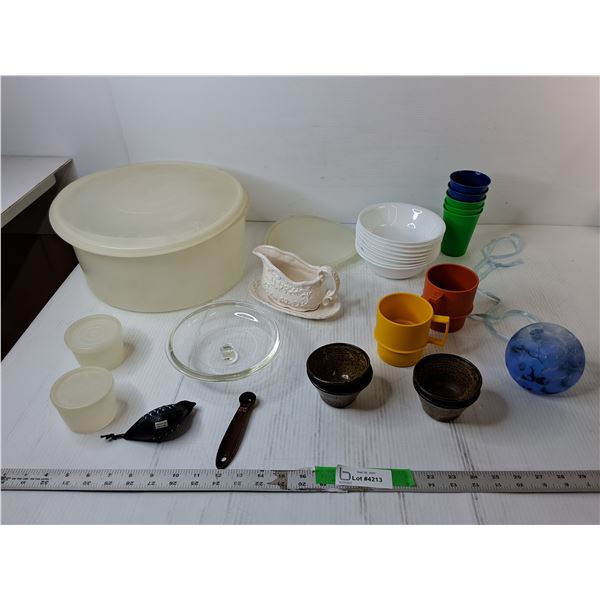(8) Corelle Bowls, (5) Plastic Cups, Ceramic Gravy Boat, Misc.