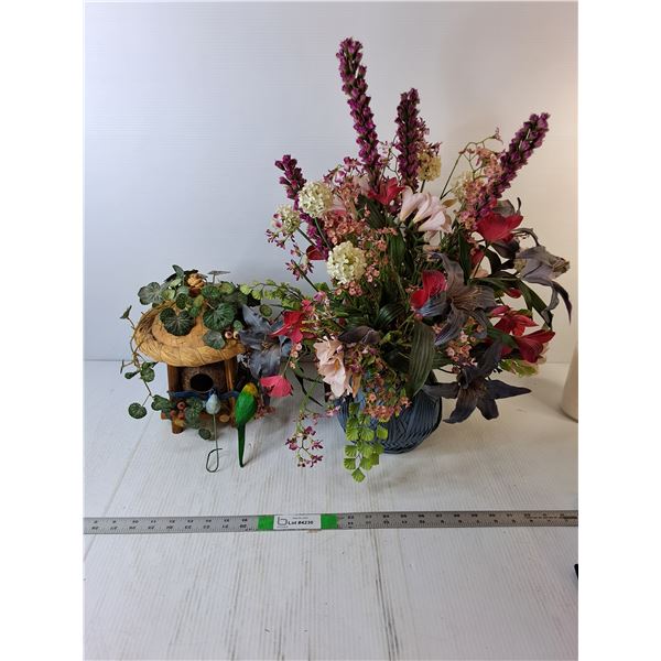 Artificial Flowers With Woven Pot (up to 25 inches tall), Decorative Bird House - PICK UP ONLY