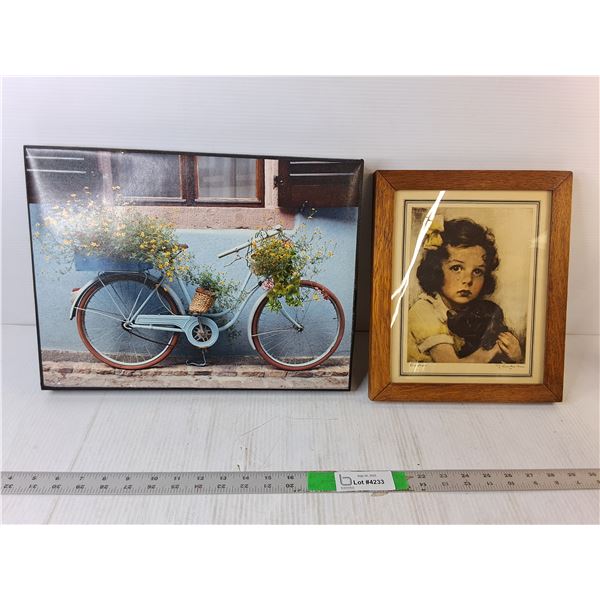 (2) Wall Art Pictures, (Bicycle 16"x13"), (Girl With Puppy 10"x12")
