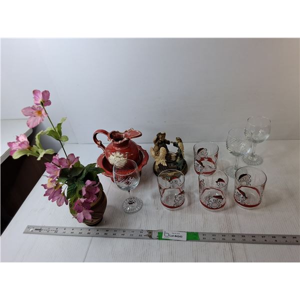 Angel Candleholder, Ceramic Pitcher, Glasses, Misc.