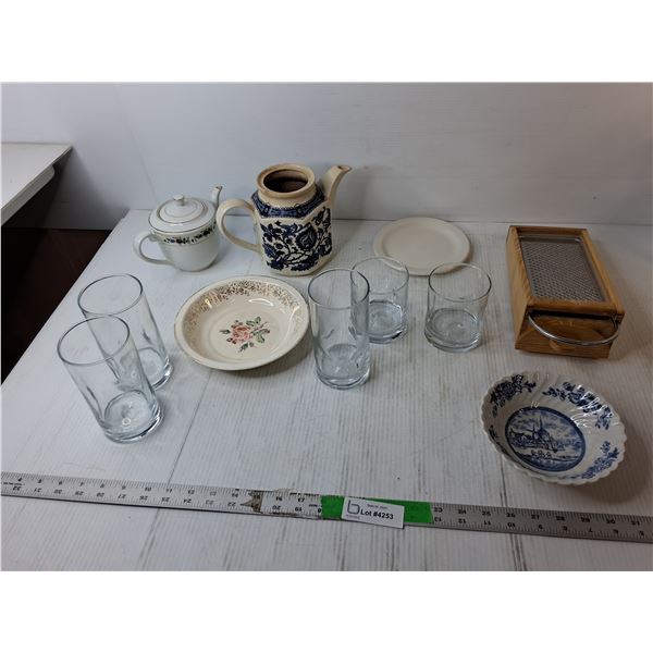 (2) Teapots, (5) Glasses, Cheese Grater, Misc.