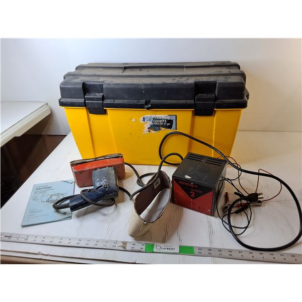 *Plastic Tool Chest 25" x 12" x 13.5", Torcan Battery Charger, Craftsman Sander- Both Power On
