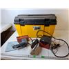 Image 1 : *Plastic Tool Chest 25" x 12" x 13.5", Torcan Battery Charger, Craftsman Sander- Both Power On