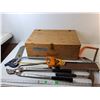 Image 1 : Wood Storage Box 22" x 15.5" x 8"- Water Damage & (7) Hand Tools- PICK UP ONLY