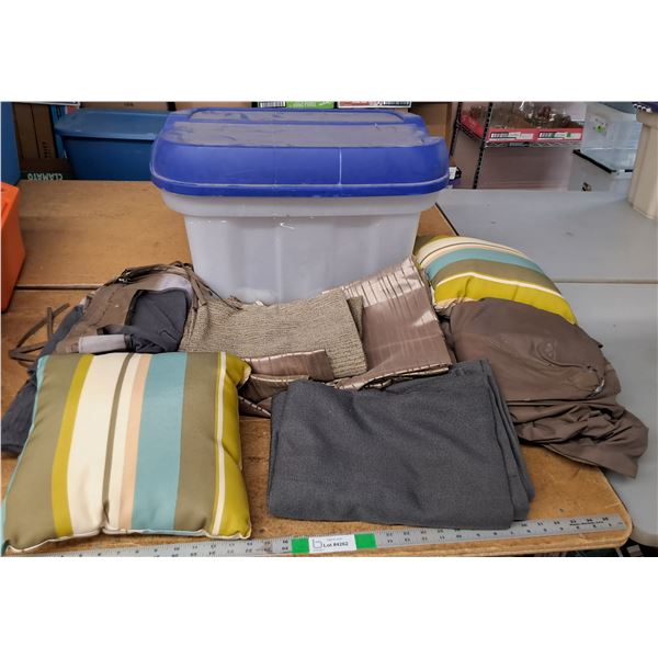 *Plastic Storage Tote 26" x 14" x 16"- As Is, Curtains of Varying Length - PICK UP ONLY