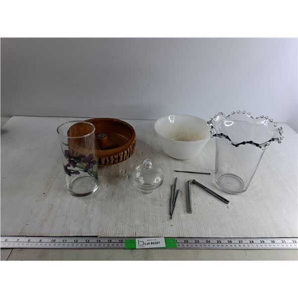 Walnut Crusher, (2) Glass Vases, Wood Bowl