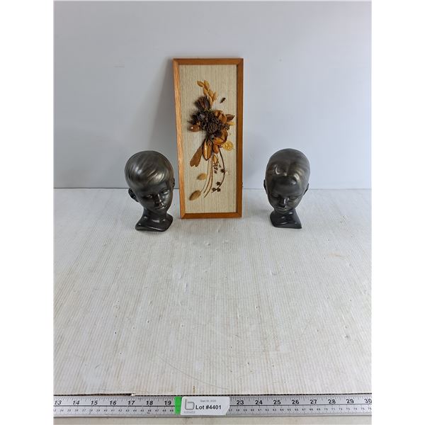 (2) Head Ceramic Figurines, Pinecone Art
