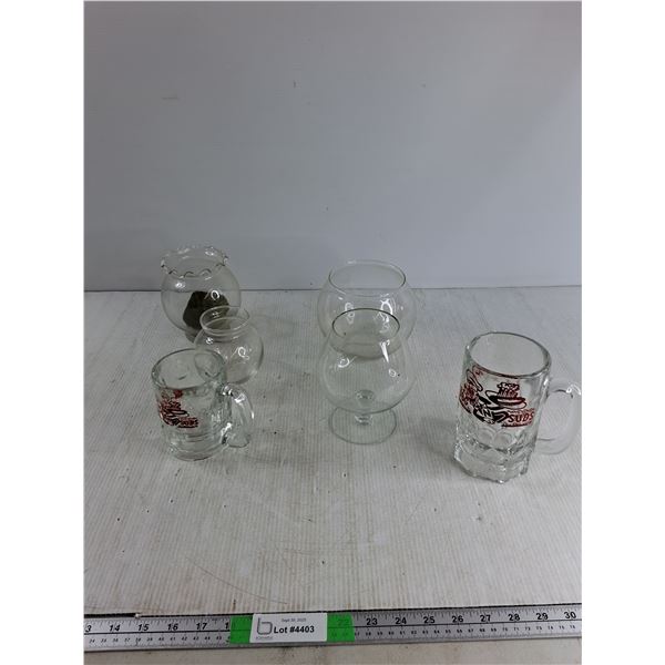 (4) Glass Bowls, (2) Beer Steins