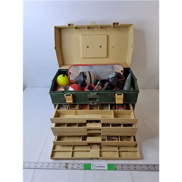 Plano Tackle Box 14.5" x 7.5" x 12"- One Broken Latch & Accessories- Hooks, Reels, Misc.