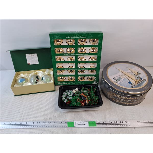 Various Christmas Tree Ornaments, Tin Box with Lid