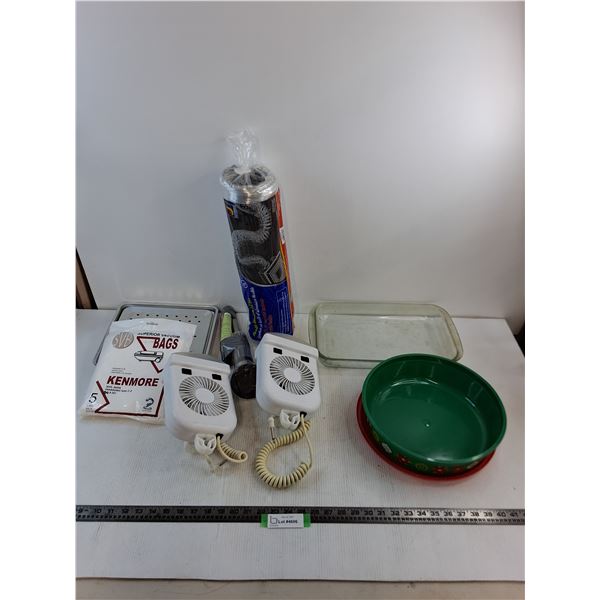 Electric Fans - Untested, Vacuum Bags, Ducting (NIB), Solar Light, Casserole Dish, Misc.