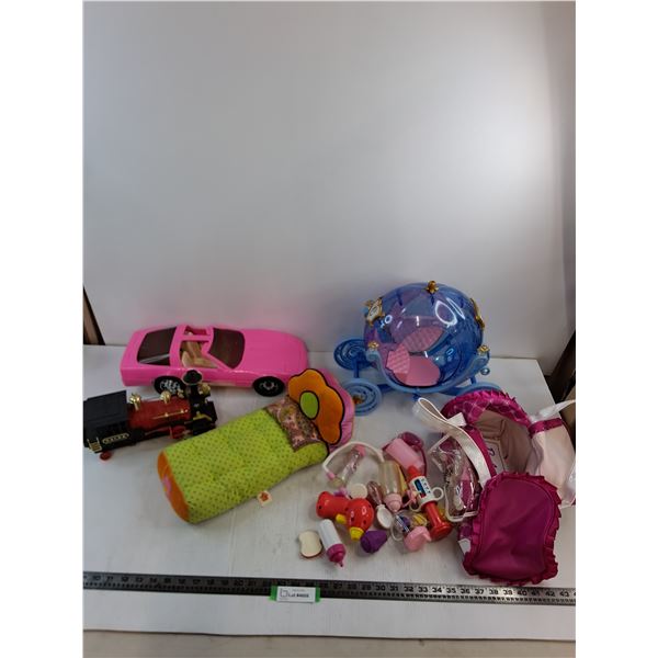 Barbie/Cinderella Vehicles, Motorized Train, Baby Doll Accessories, Barbie Tote