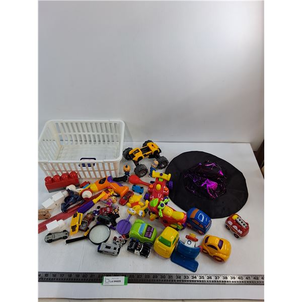 Assorted Children's Toys, Witch Hat, Plastic Basket, Misc.