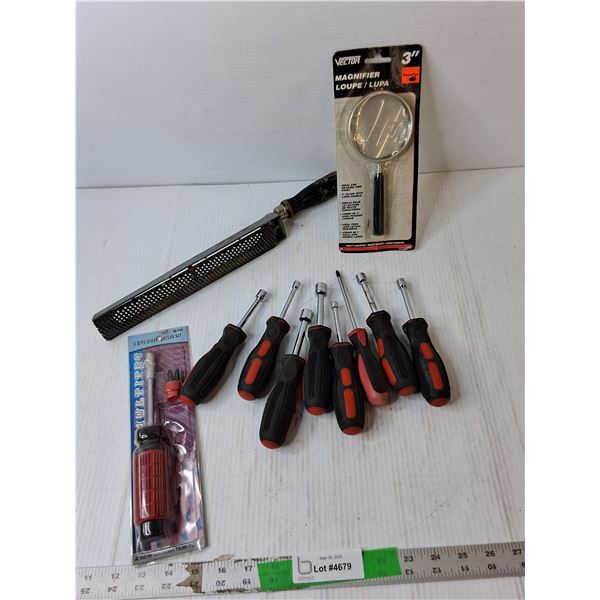 Magnifying Glass, File, Hex Screwdrivers, Misc.
