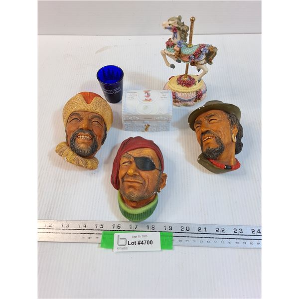 (3) Bossons Heads, September Chest, Carousel Figurine, Shot Glass