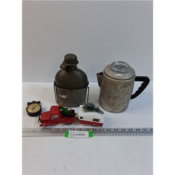 Water Canteen, Percolator Kettle, Christmas Themed Truck & Trailer, Air Pressure Gauge