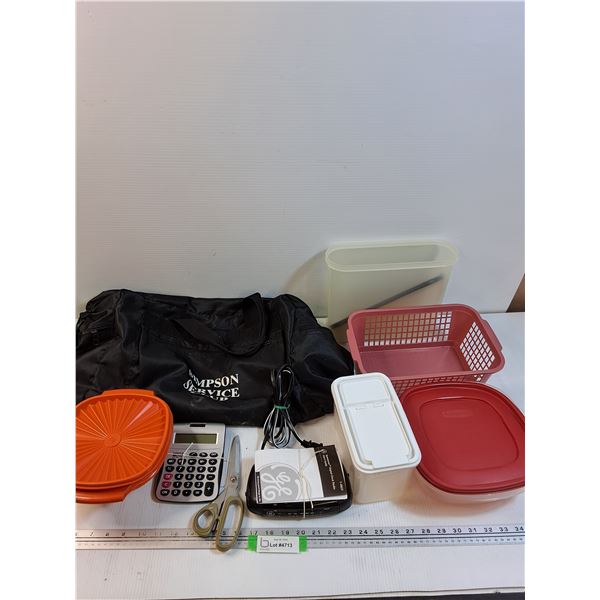 Dufflebag, Tupperware - Assorted, Digital Alarm Clock, Misc