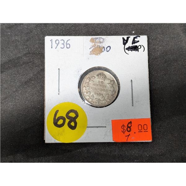 1936 Can. 10 Cent Coin Silver Coin "Last Issue"