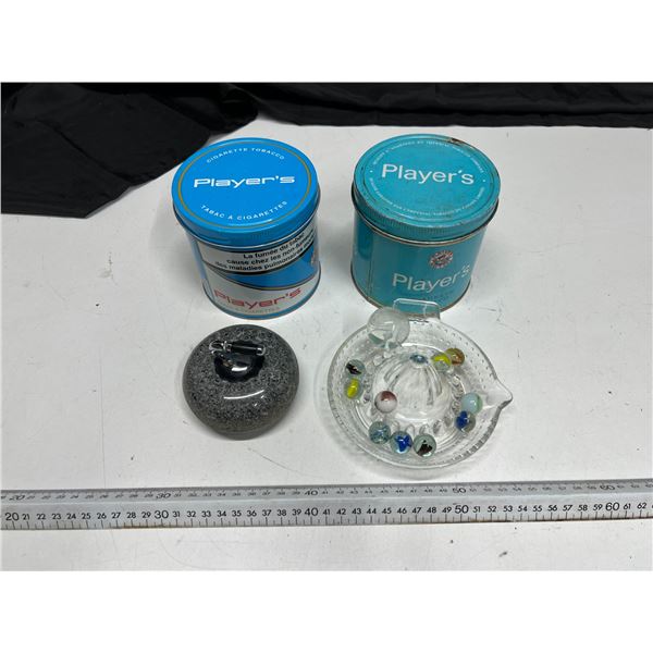 Miscenlleneous Items (Miniature Curling Rock, Marbles, Tin Cans)