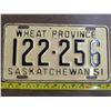 Image 1 : 1951 sask license plate- 122- 256