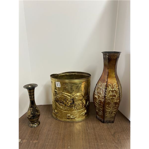 Miscelleneous Items (Solid black Brass, Embossed Brass Waste Paper Bin, Embossed Metal Floral Vase)