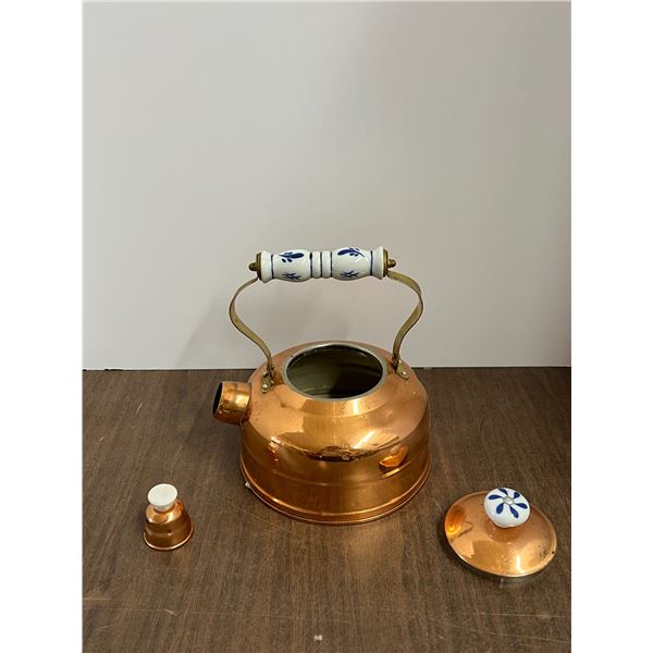 Vintage Copper Kettle Teapot Porcelain Cobalt Handle