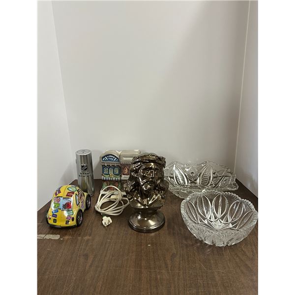 Miscelleneous Items ( Car toy, Figurine, Two Glass Bowl, Light uo Ceramic House)
