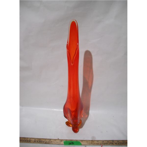 Vintage viking art glass persimmon orange tri foil leg toe swung vase (21.5 in tall)- not stamped